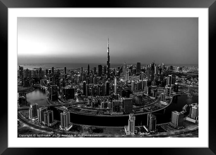 Aerial Dubai sunset city skyscrapers Burj Khalifa Framed Mounted Print by Spotmatik 