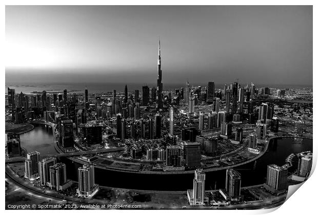 Aerial Dubai sunset city skyscrapers Burj Khalifa Print by Spotmatik 