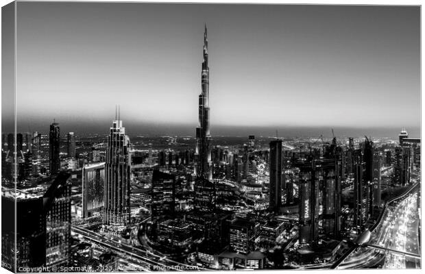 Aerial Dubai sunset skyscrapers Burj Khalifa Canvas Print by Spotmatik 