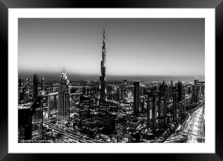 Aerial Dubai sunset skyscrapers Burj Khalifa Framed Mounted Print by Spotmatik 