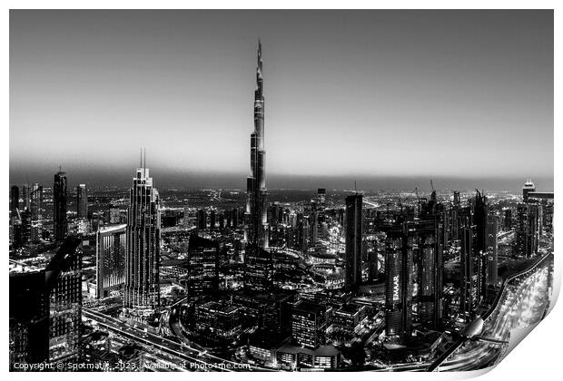 Aerial Dubai sunset skyscrapers Burj Khalifa Print by Spotmatik 