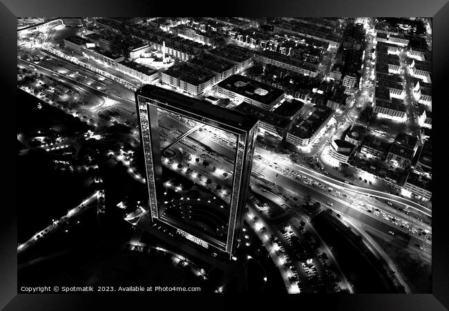 Aerial Dubai night The Frame Zabeel Park UAE Framed Print by Spotmatik 