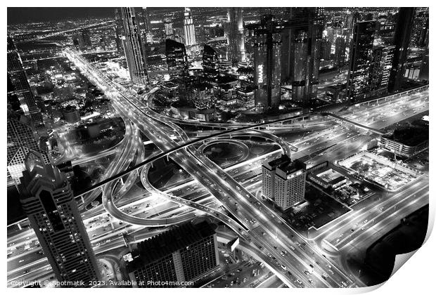 Aerial night Dubai Intersection Sheikh Zayed Road  Print by Spotmatik 