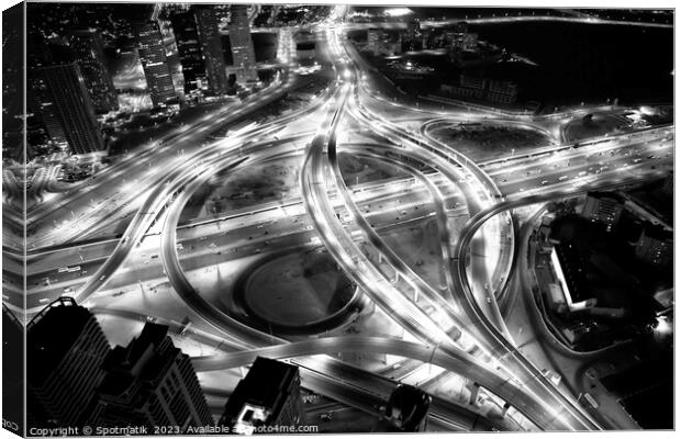 Aerial night Dubai Intersection Sheikh Zayed Road  Canvas Print by Spotmatik 