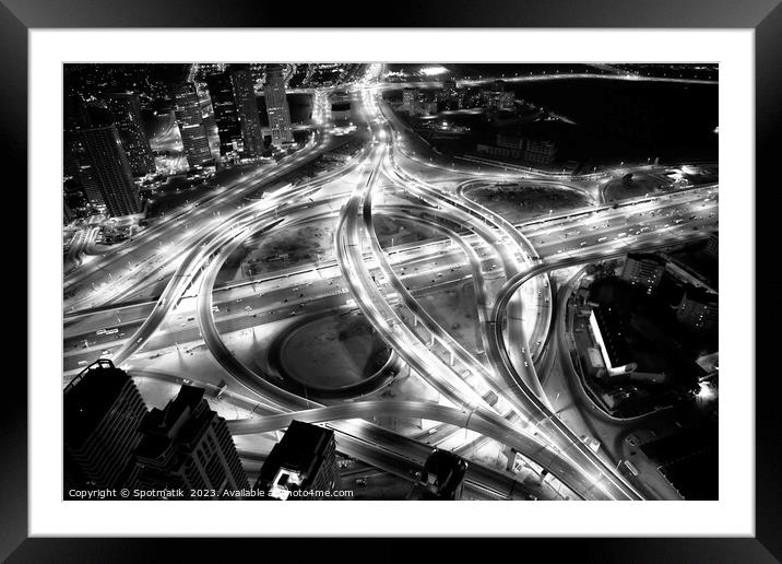 Aerial night Dubai Intersection Sheikh Zayed Road  Framed Mounted Print by Spotmatik 