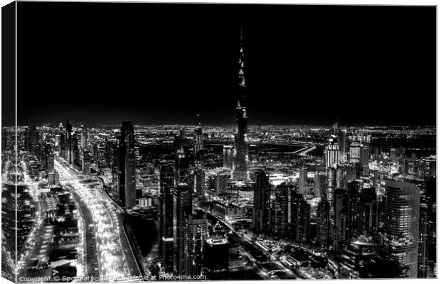 Aerial Dubai Burj Khalifa at night UAE Canvas Print by Spotmatik 
