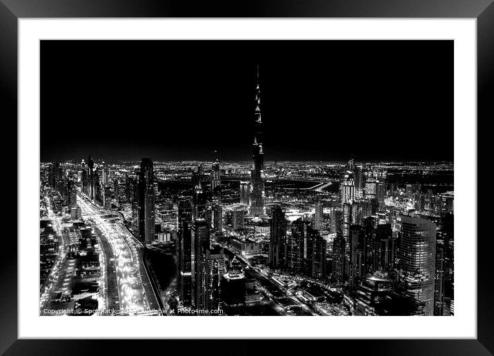 Aerial Dubai Burj Khalifa at night UAE Framed Mounted Print by Spotmatik 