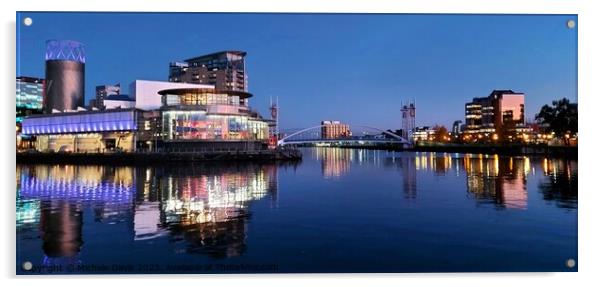 Salford Quays Reflections, Blue Hour Acrylic by Michele Davis