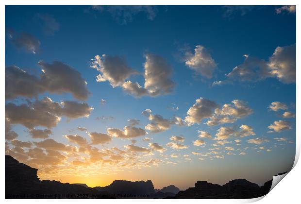 Blue and Yellow Evening Sky in Wadi Rum, Jordan Print by Dietmar Rauscher