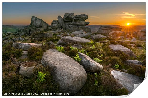 Over Owler Tor at sunset (5) Print by Chris Drabble