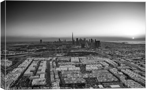 Aerial Dubai sunrise commercial suburbs skyscraper Canvas Print by Spotmatik 