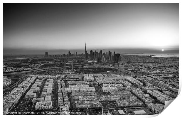 Aerial Dubai sunrise commercial suburbs skyscraper Print by Spotmatik 