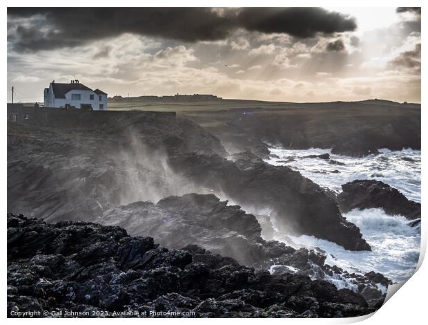 rough weather walking around Anglesey coastline  Print by Gail Johnson