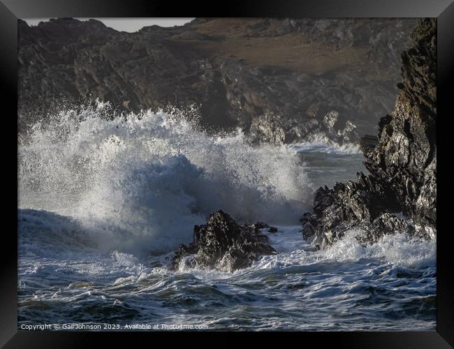 rough weather walking around Anglesey coastline  Framed Print by Gail Johnson
