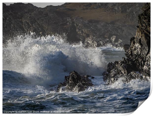 rough weather walking around Anglesey coastline  Print by Gail Johnson