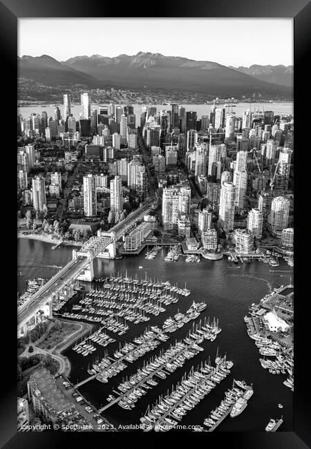 Aerial Vancouver skyscrapers Burrard Street Bridge Framed Print by Spotmatik 
