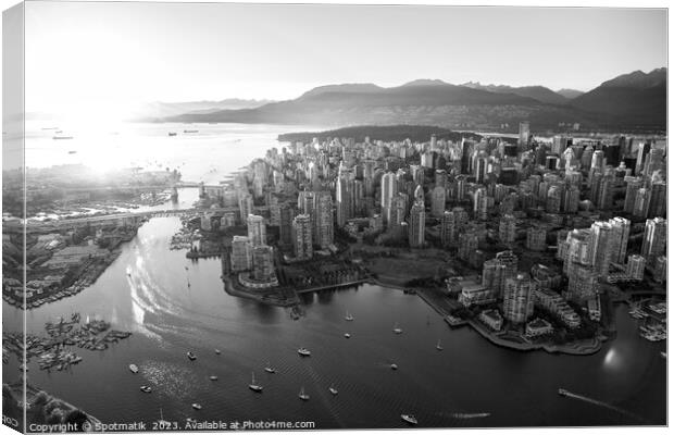 Aerial sunset of Vancouver skyscrapers Inlet Canvas Print by Spotmatik 