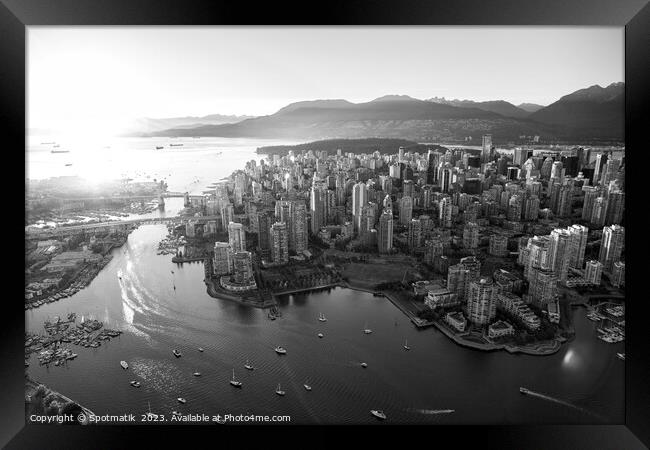 Aerial sunset of Vancouver skyscrapers Inlet Framed Print by Spotmatik 