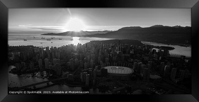 Aerial sunset Vancouver skyscrapers English Bay Framed Print by Spotmatik 