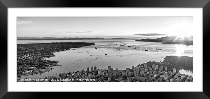 Arial Canadian sunset view Vancouver city English  Framed Mounted Print by Spotmatik 