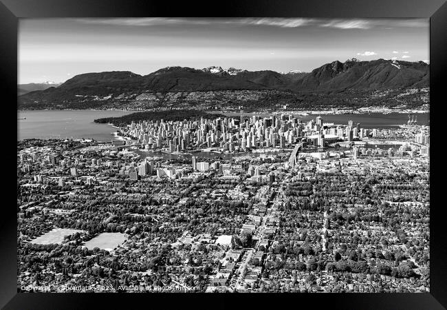 Aerial Vancouver cityscape coastal mountain Canada Framed Print by Spotmatik 