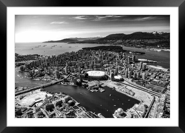 Aerial city skyscrapers BC Place Stadium Vancouver Framed Mounted Print by Spotmatik 
