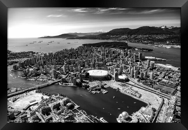 Aerial city skyscrapers BC Place Stadium Vancouver Framed Print by Spotmatik 