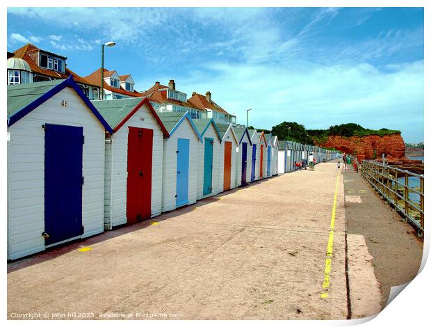 Preston sands beach Huts, Devon. Print by john hill