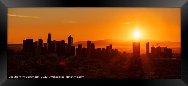 Aerial Panorama sunrise Los Angeles city skyline Framed Print by Spotmatik 