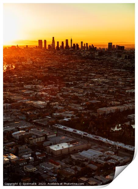 Aerial sunrise Los Angeles Urban skyline USA Print by Spotmatik 