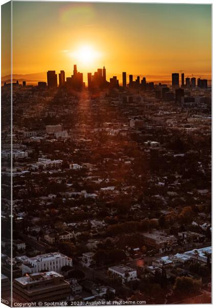 Aerial cityscape sunrise view of Los Angeles city  Canvas Print by Spotmatik 