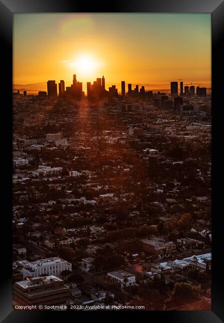 Aerial cityscape sunrise view of Los Angeles city  Framed Print by Spotmatik 