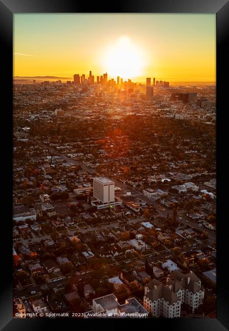 Aerial skyline sunrise over Los Angeles California Framed Print by Spotmatik 