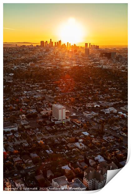 Aerial skyline sunrise over Los Angeles California Print by Spotmatik 