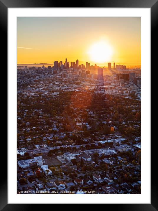 Aerial sunrise of Los Angeles skyline California Framed Mounted Print by Spotmatik 