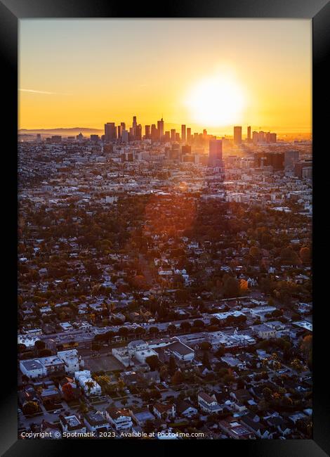 Aerial sunrise of Los Angeles skyline California Framed Print by Spotmatik 