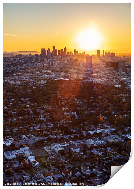 Aerial sunrise of Los Angeles skyline California Print by Spotmatik 