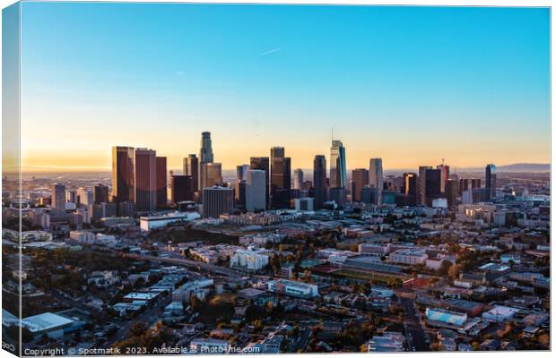 Aerial sunrise Los Angeles city skyscraper USA Canvas Print by Spotmatik 