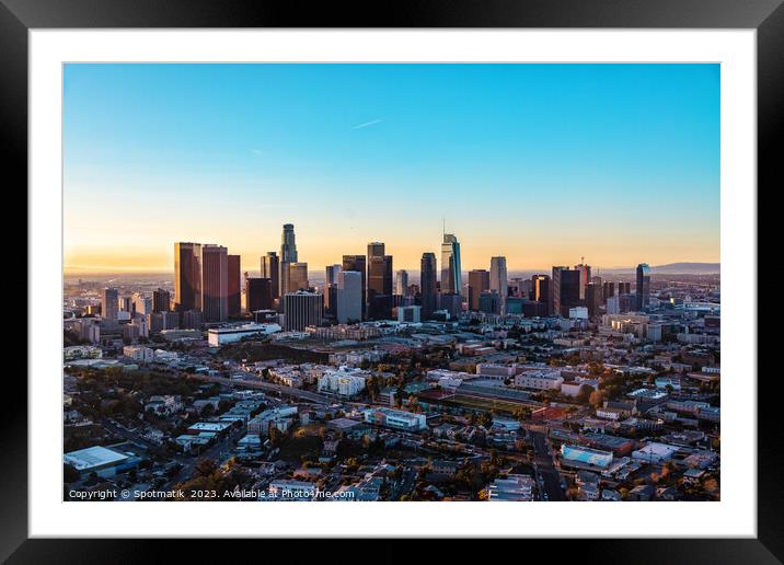 Aerial sunrise Los Angeles city skyscraper USA Framed Mounted Print by Spotmatik 