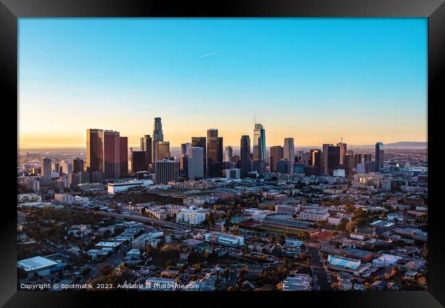 Aerial sunrise Los Angeles city skyscraper USA Framed Print by Spotmatik 
