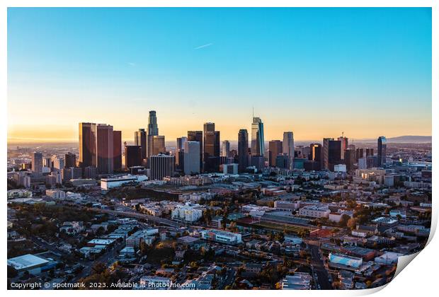 Aerial sunrise Los Angeles city skyscraper USA Print by Spotmatik 