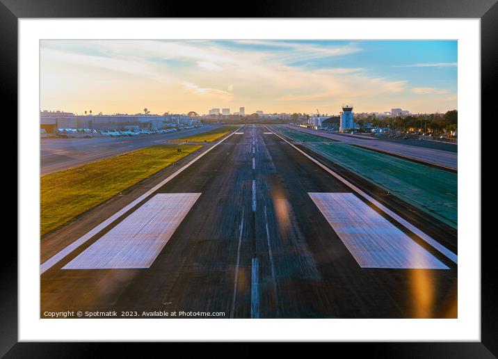 Aerial POV aircraft landing on airport runway USA Framed Mounted Print by Spotmatik 