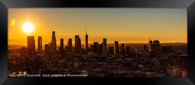 Aerial Panoramic downtown Los Angeles sunrise USA Framed Print by Spotmatik 