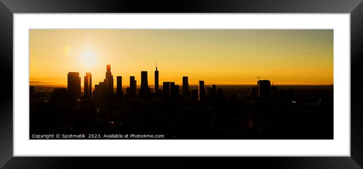 Aerial Panorama skyscraper of sunrise Los Angeles Framed Mounted Print by Spotmatik 