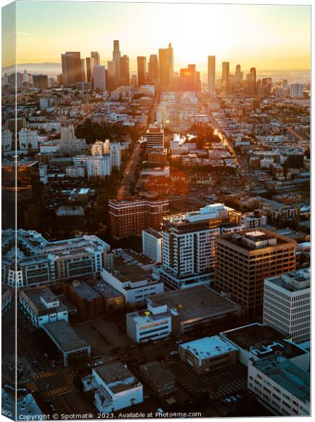 Aerial view at sunrise Los Angeles skyline California  Canvas Print by Spotmatik 