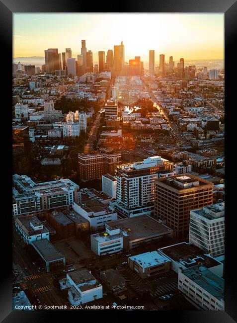 Aerial view at sunrise Los Angeles skyline California  Framed Print by Spotmatik 