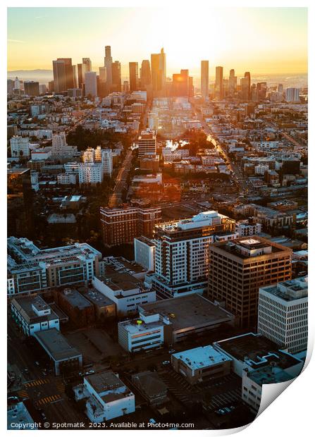 Aerial view at sunrise Los Angeles skyline California  Print by Spotmatik 