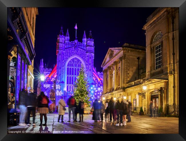 Bath Abbey lit up at Christmas Framed Print by Simon Lees