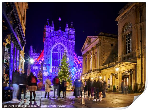 Bath Abbey lit up at Christmas Print by Simon Lees