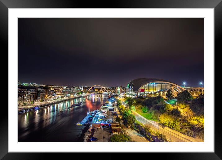 Tyne River at night Framed Mounted Print by Les Hopkinson